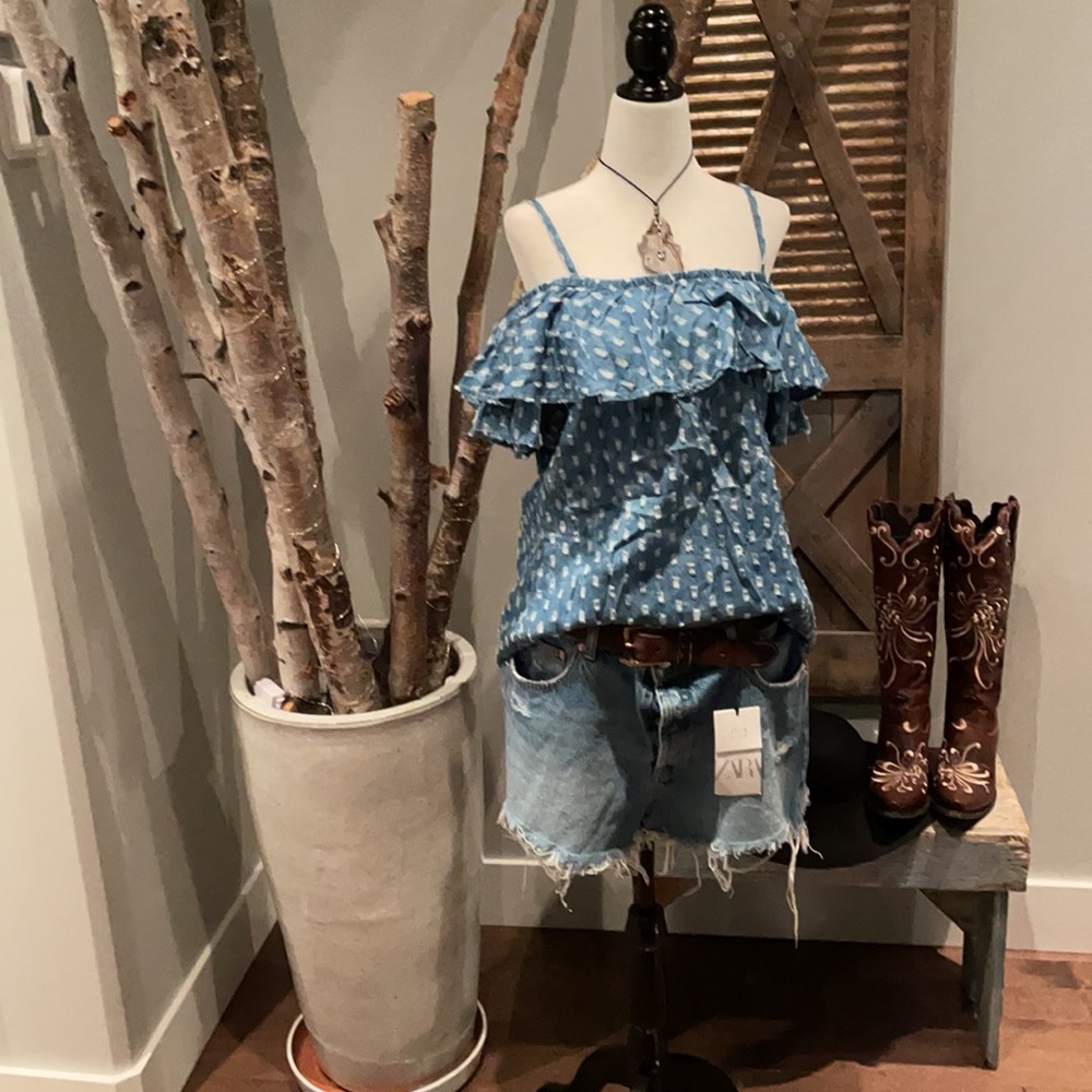 Light denim off the shoulder top new with tags